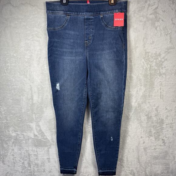 Spanx NEW Jean Leggings Women M Distressed Blue Denim Raw Hem Med Wash Pull On - Picture 1 of 13